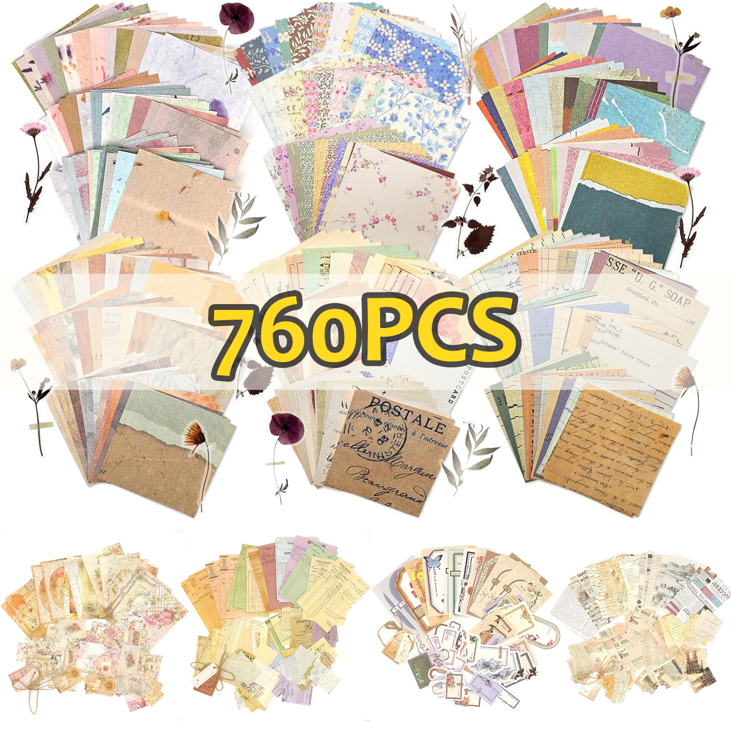 Image of 760pcs Random Color Vintage Paper, Retro Floral Script Ephemera Junk Journal Paper Sheets, Decorative Craft Paper For Scrapbooking, Album, Card Making & Planner Decor Supplies