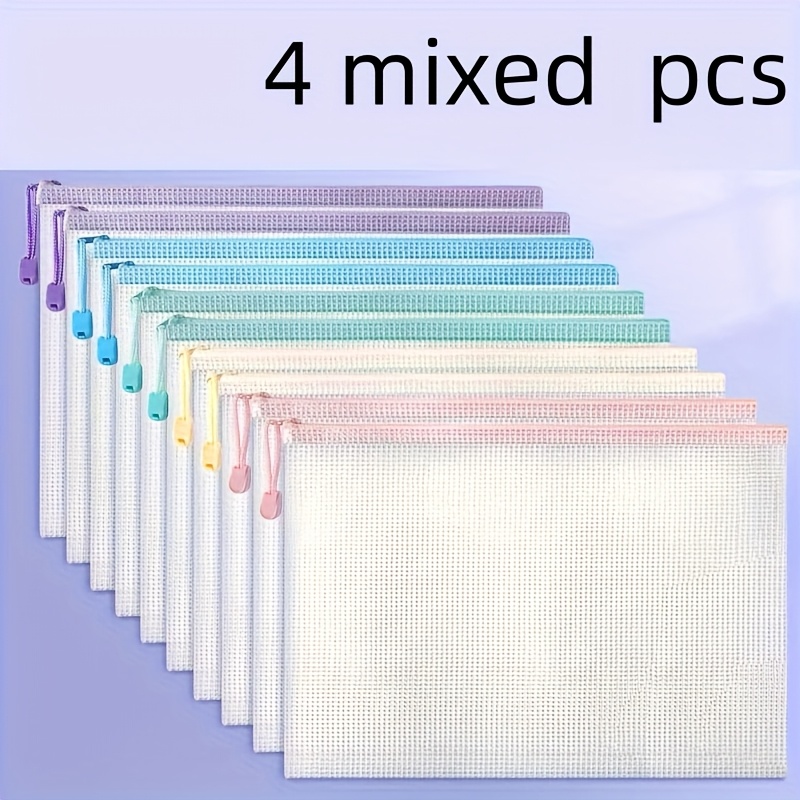 E-shop 4er-Set A4 Reißverschluss-Ordner, transparente Aufbewahrungsbeutel, geeignet für Papiere, Bücher und Prüfungen - Pink, Blau, Grün, Gelb, Lila -