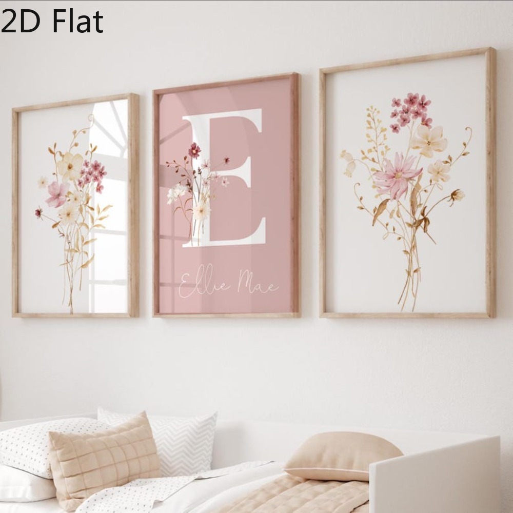 TEMU 2d Flat, 3pcs/set Personalized Wildflowers Canvas Poster - Custom Name/text Suitable For Nursery, & Wall Art, Floral Prints With Your Own Text,