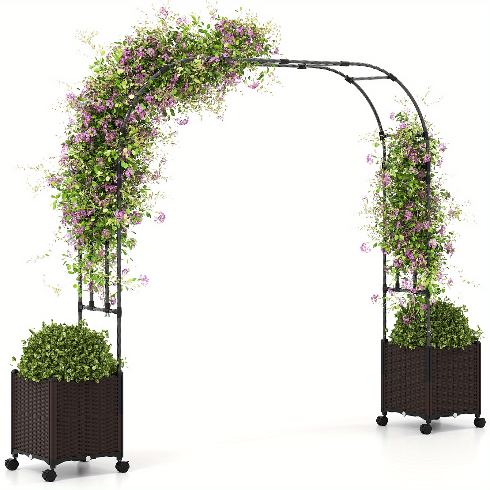 201.17cm Garden Arch Trellis with 2 Planter Boxes, Outdoor   Archway for Climbing Plants with Self-Watering System