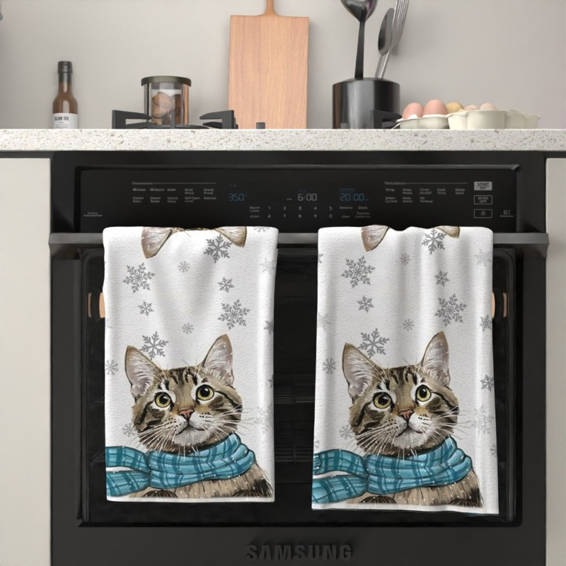 

2-pack Whisker 18x26" Soft Polyester Cat Towels With Snowflakes, Contemporary Fantasy Themed, Machine Washable, Quick-dry, For Kitchen & Bathroom, Ideal Gift For Cat Lovers