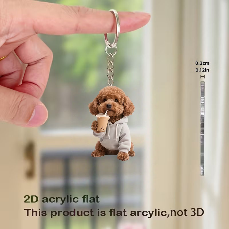TEMU Llavero acrílico 2D de 1 pieza con diseño de perro Teddy bebiendo té , colgante de dibujos animados, adorno personalizado, para bolso, regalo