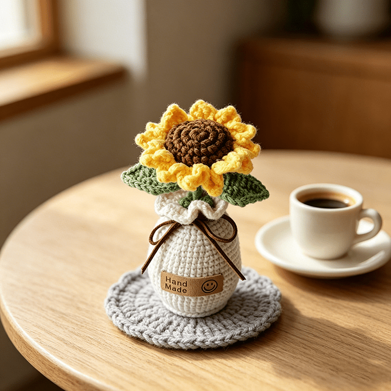Image of Handmade Crocheted Sunflower Vase, Simulated Bouquet, Desktop Decoration, Crocheted Decorations, Holiday Gifts, Birthday Gifts For