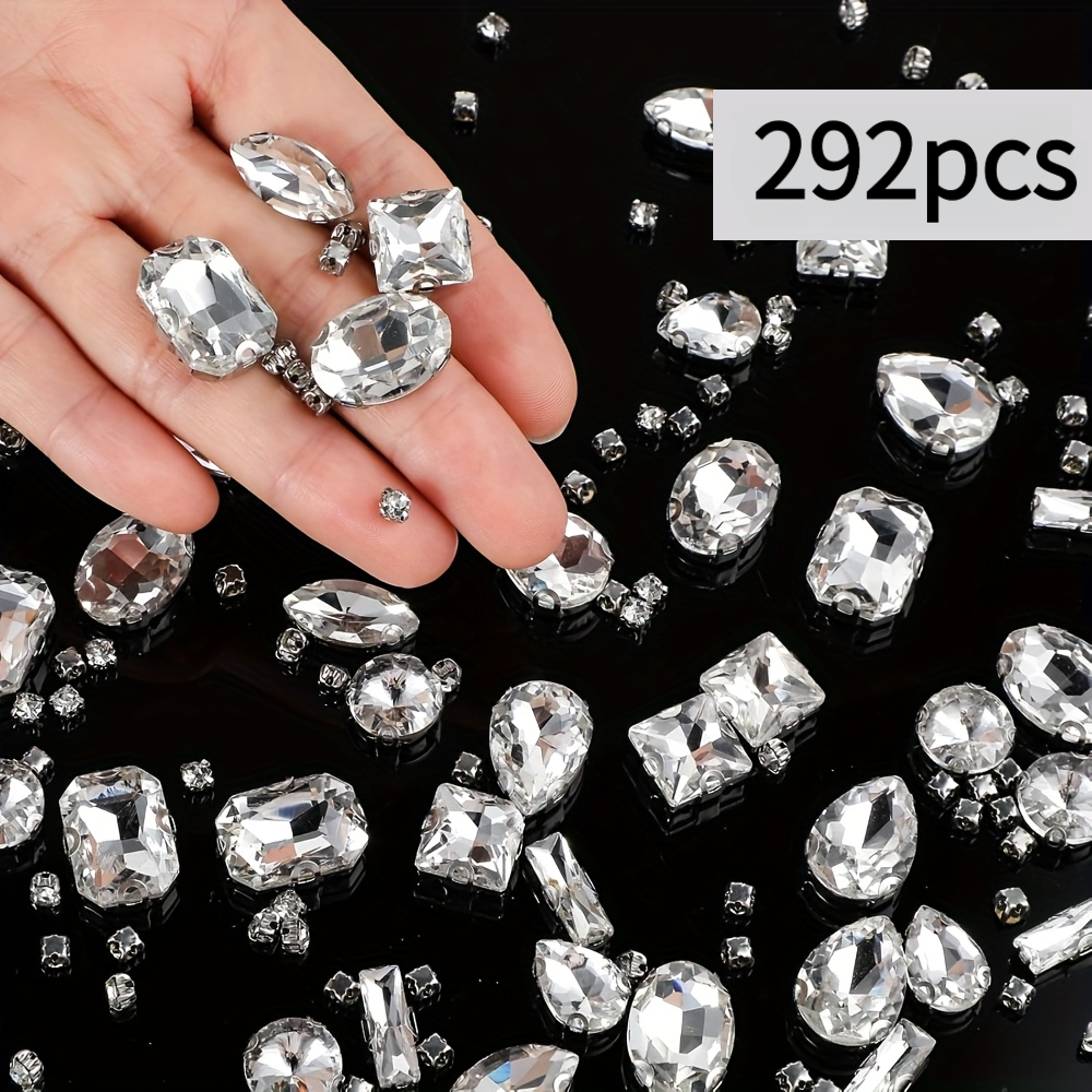 TEMU 292pcs Transparent Glass Rhinestones, Multi-shapes, Multi-sizes, Flat Back, Crafts And Sewing Supplies Material, Suitable For Bags, Clothing,