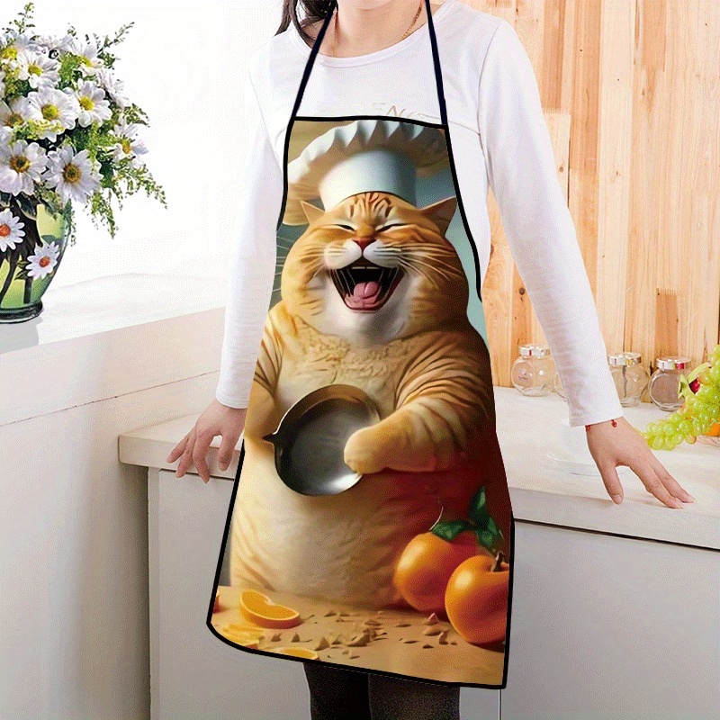 TEMU 1 Unisex Kitchen Apron With Cat, Chef Hat, Orange High-, Suitable For Cooking, Gardening, Bbq, Home Kitchen Holiday Party Gift