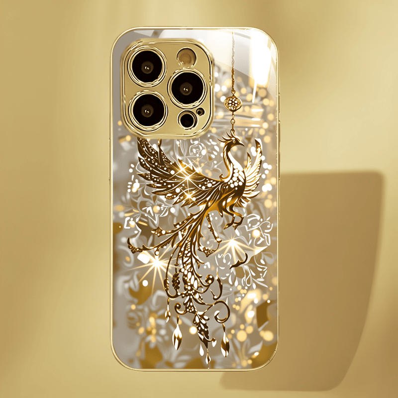TEMU Phone Case: New 2d Phoenix Diamond-encrusted Elegant Electroplated Tempered Glass Case, Stylish Drop-proof Edition Phone Cover, Suitable As A