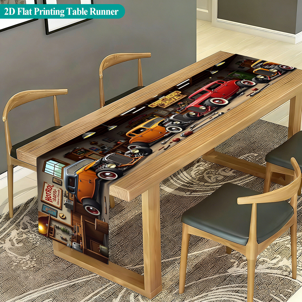 TEMU 2d Flat 1pc, Vintage Car Garage Interior Scene Table Runner, Rectangular Polyester Table Flag, Indoor Or Outdoor Dining, Family Gatherings,