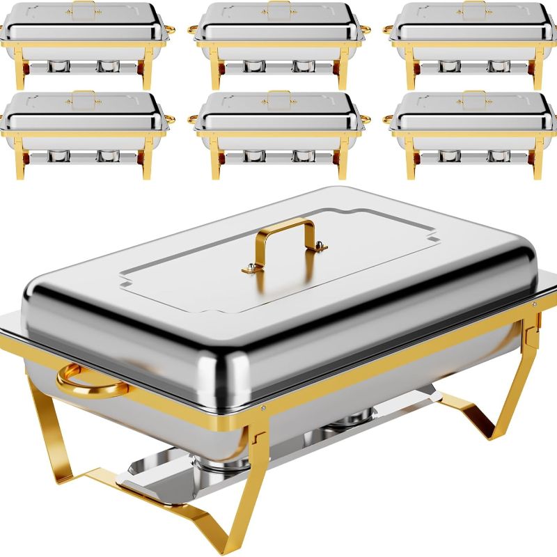 TEMU Set Of 6 Rectangular Chafing Dishes, 9qt Each, Designed For Buffets With Lid Holders, Made Of Stainless Steel, Ideal For Keeping Food Warm At