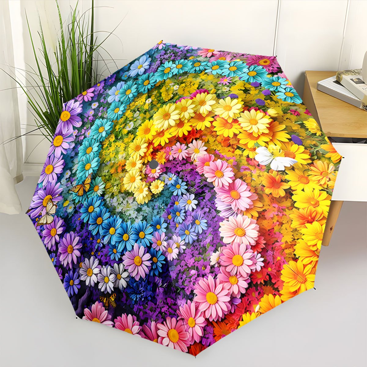 Automatic Folding Umbrella A Spiral Rainbow Flowers