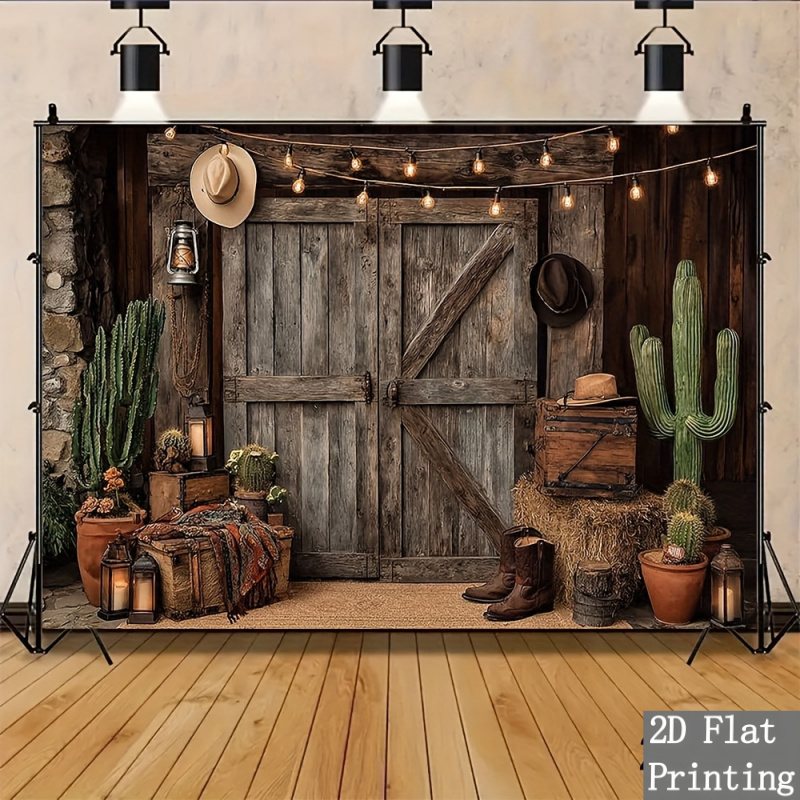 TEMU A Single Piece Of 2d Flat Rustic Barn Door Backdrop Featuring Cowboy String Lights And Western Party Decorations - Designed Style With Wooden