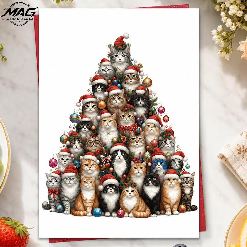 TEMU 1pc Cat Christmas Greeting Card, Cats Wearing Santa Hats In Christmas Tree Shape, With Colorful Ornaments, Blank Inside, With Envelope