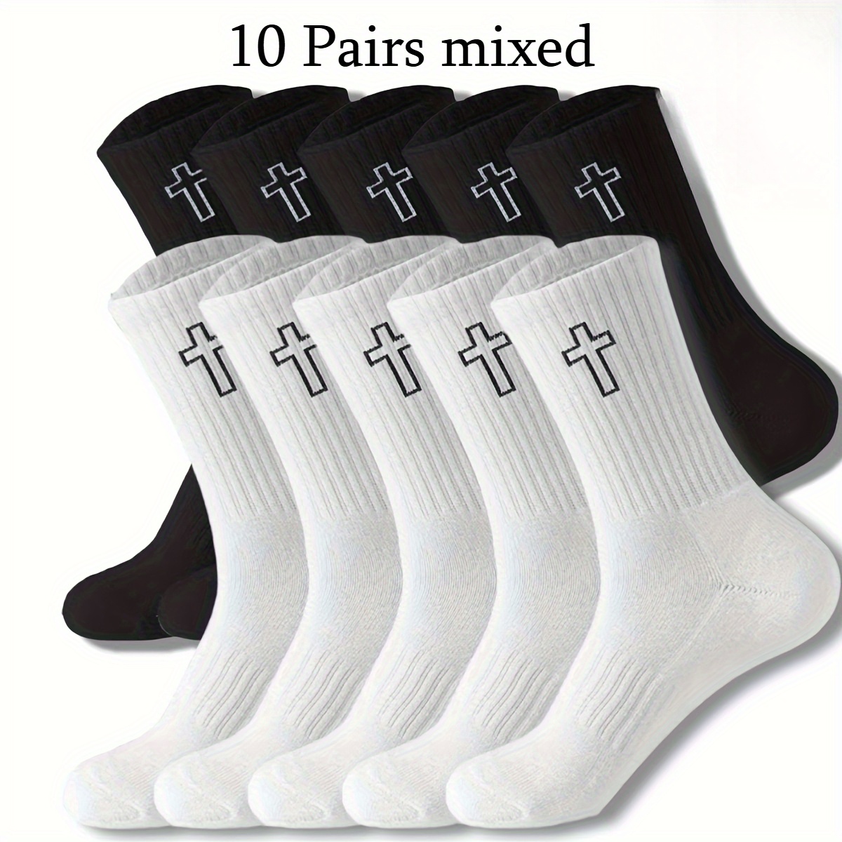 10/5-pair Unisex Black And White Mid-calf Socks, Crisscross Letter Pattern, Versatile And Comfortable, Anti-slip And Sweat-absorbent