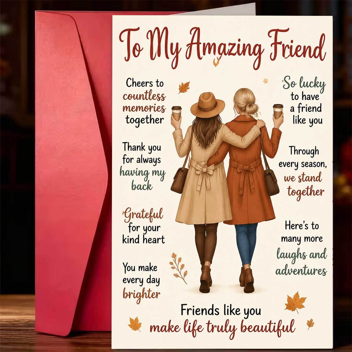 TEMU Elegant Autumn Friendship Greeting Card With Envelope, To Friend, 2 Women , Perfect For , High Quality Paper, Red Or , Creative Card.
