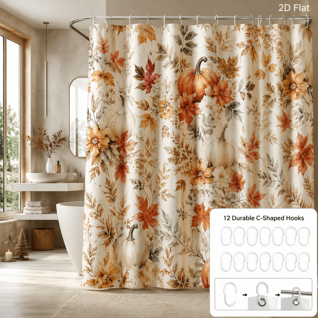 TEMU 2d Flat, 1pc 2d Flat Bathroom Shower Curtain, 71x71in, Includes 12 Hooks, Autumn Pumpkin And Maple Leaf Floral Print, Rustic Farmhouse Design In