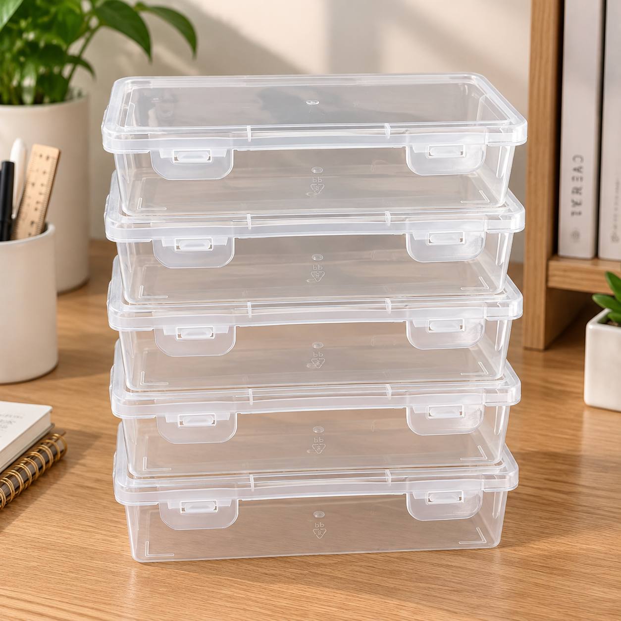 TEMU 5pcs Set Of Transparent Plastic Storage Boxes With Lids, Stackable Pencil Case Organizer, Suitable For Markers, Colored Pencils, Pens, And