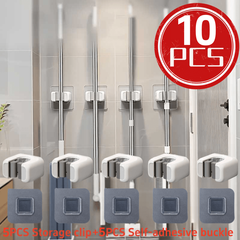 TEMU 10pcs No-drill Self-adhesive Wall Mounted Mop Broom Holder, White Durable Plastic Strong Storage Clips Hooks, No Screws Needed , Space Vertical