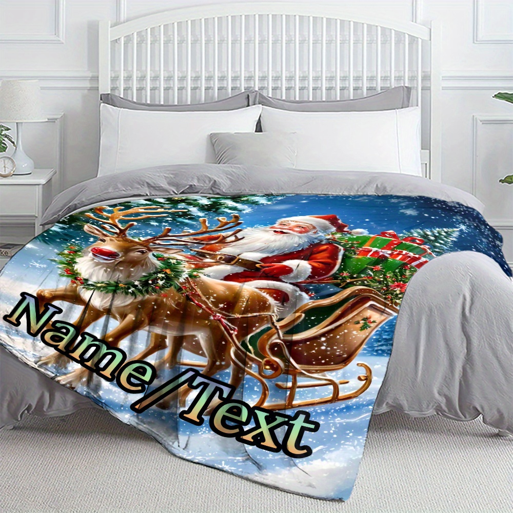 TEMU 1pc Of Personalized Name/text Christmas Deer Blanket, Perfect For Use On Sofas, In Bedrooms, Living Rooms, Outdoors, During Camping, Hiking,