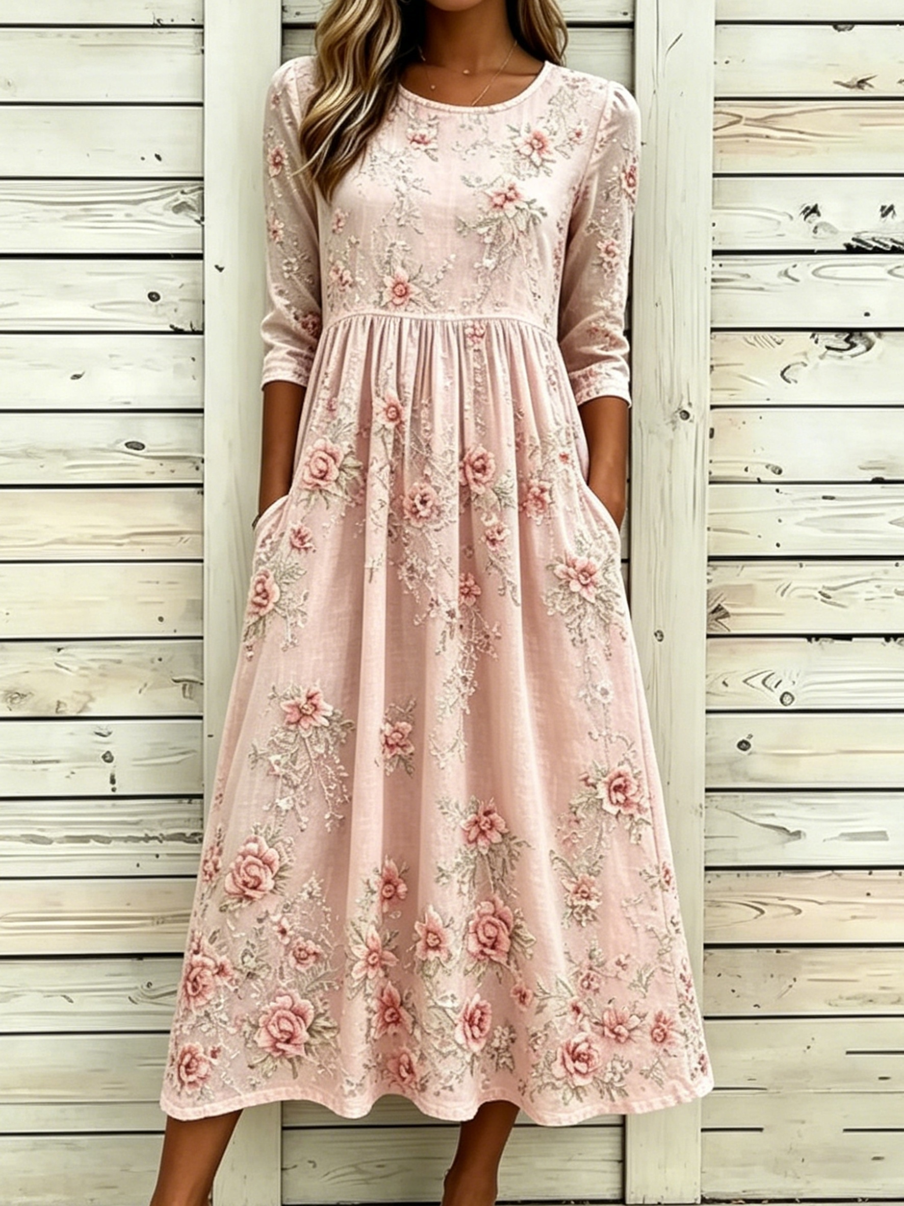 Summer Women's Pink Floral Print Midi Dress Boho 3/4 Sleeve Crew Neck  A-Line Dress with Pockets