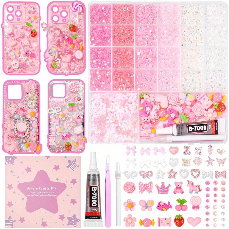 Junk Case Charms Kit Pink White Pearls Resin Rhinestones Bedazzling Kit Cute Candy Bear Cartoon Phone Cases Charms Junk Case Kit with Big Charms with Glue for Crafts Nail Art DIY Accories