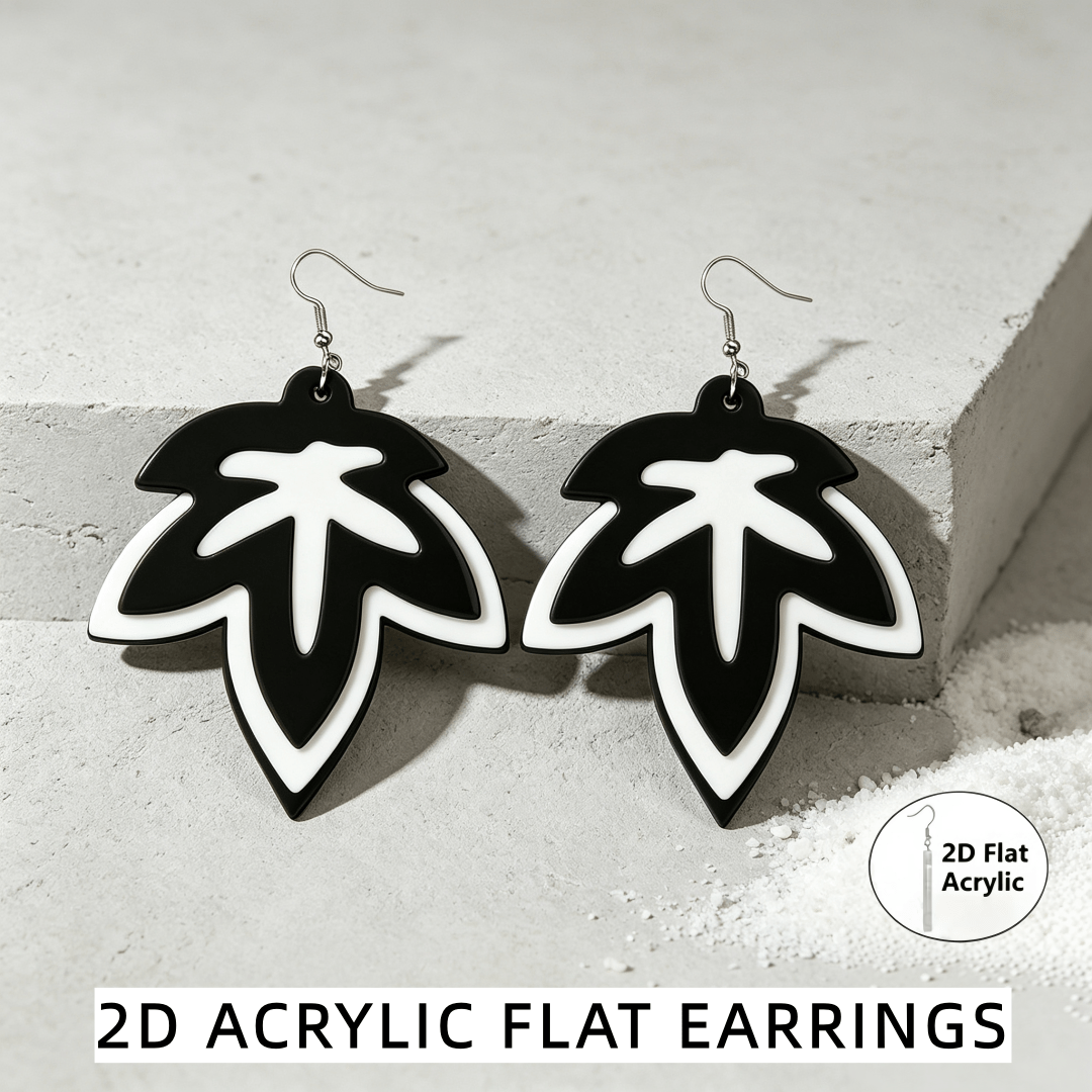 Unique 2D Flat Black and White Leaf Outline Dangle Earrings