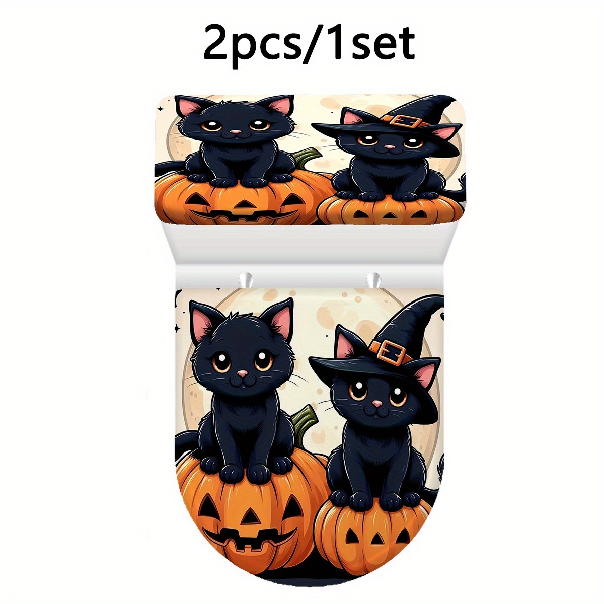 TEMU 1 Ensemble de Couvre-Siège et Couvercle de Réservoir de Toilette Halloween Citrouille, Tissu Fibre Slicky avec Bord Élastique, Housse Douce pour