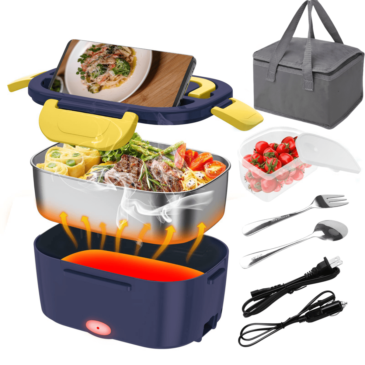 TEMU Electric Lunch Box Heater Portable Food Warmer Leakproof Heated Lunch Box For Car/ Home/ Trunk 3 In 1 With 1.5l Removable Stainless Steel Container, Tablewaremeal Bag