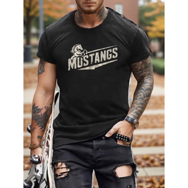 

T-Shirt Décontracté pour Homme à Col Rond avec Imprimé Mustangs Géométriques, Tissu en 100% Polyester, Coupe Régulière à Manches Courtes pour l'Été