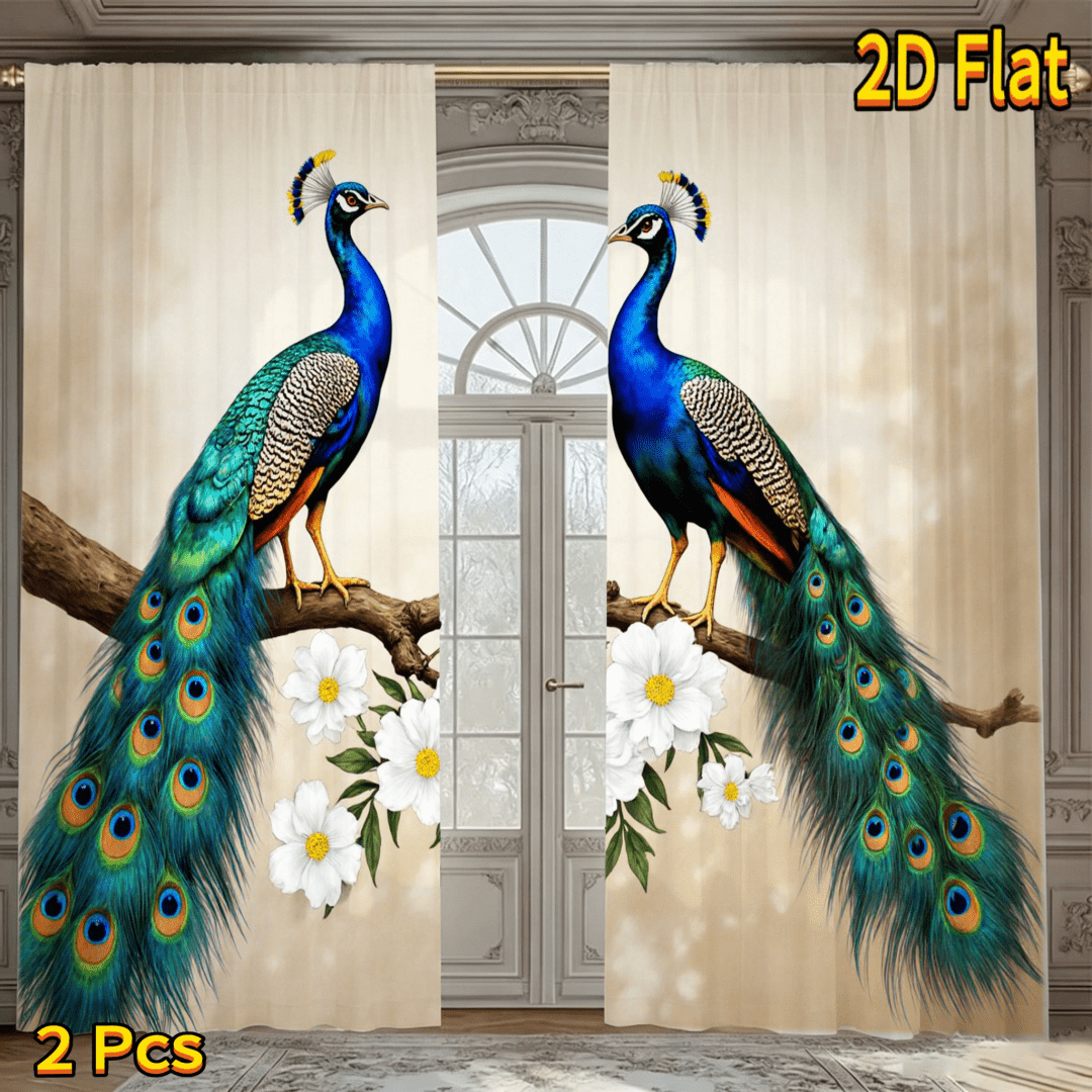Image of 2d Flat - 2d Flat 2pcs Vivid Peacock And Flower Print Decorative Sheer Curtains, Luxurious Emerald For Living Room, Bedroom, Home Decor, Wall Decoration