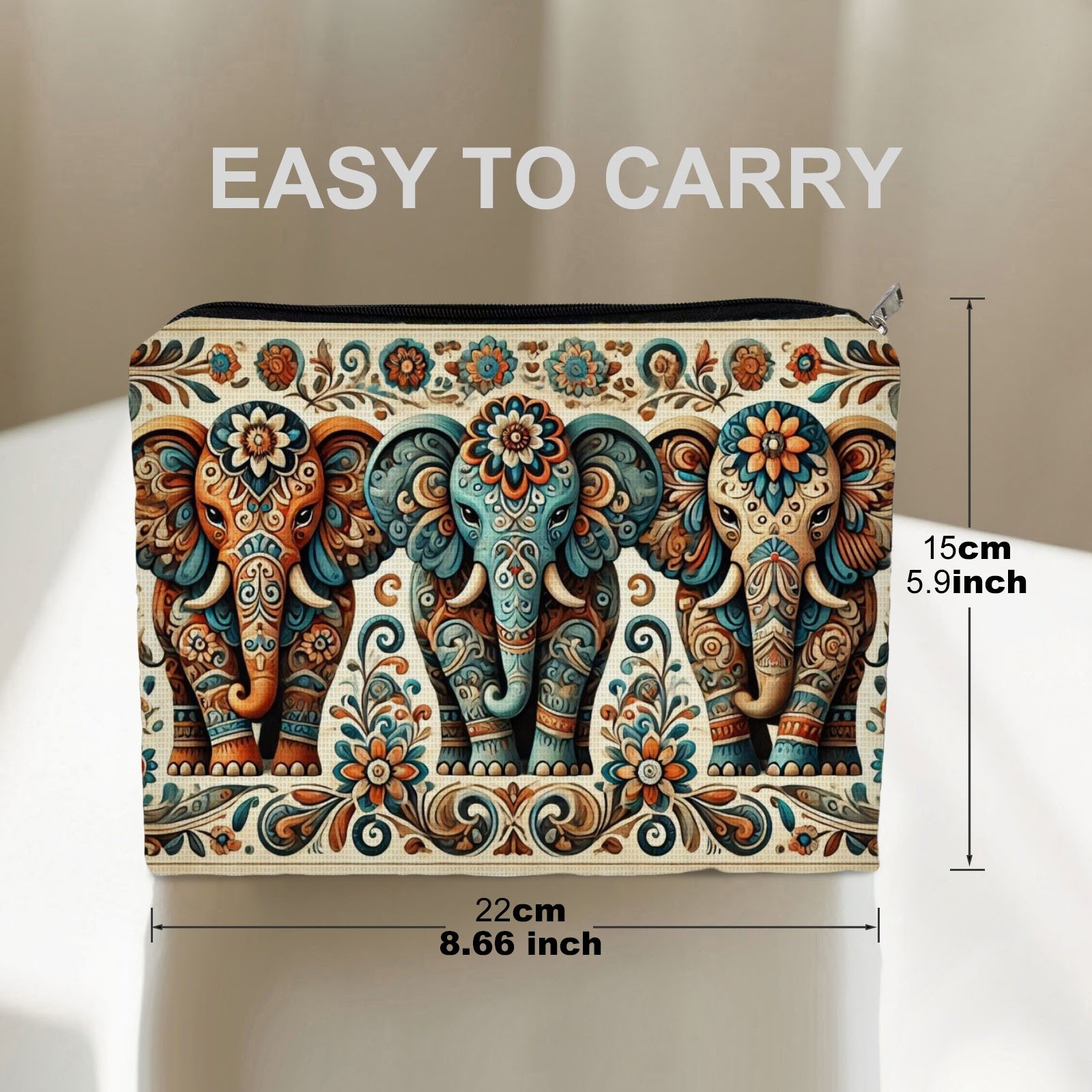 TEMU 1pc Bohemian Elephant-printed Double-sided Makeup Bag, 8.66in*5.9in, Polyester Material, Stylish & , Ideal For Travel & Daily Cosmetic Storage,