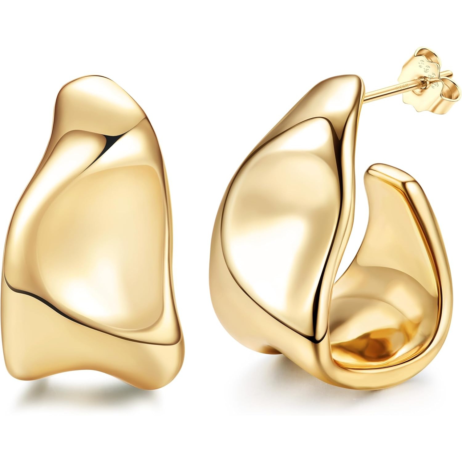 Image of Chunky Golden Earrings For Women | 925 Silver Ear Needle Hoop, 14k Golden Plated, Hypoallergenic Open Huggie Teardrop, Statement Earrings, Elegant And Style By Milacolato