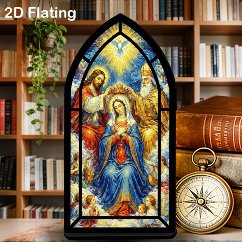 TEMU 1pc Bookend 2d Flat, Colorful Glass Gemstone Tones Of Mary Religious Art Bookend (candle Not Included)