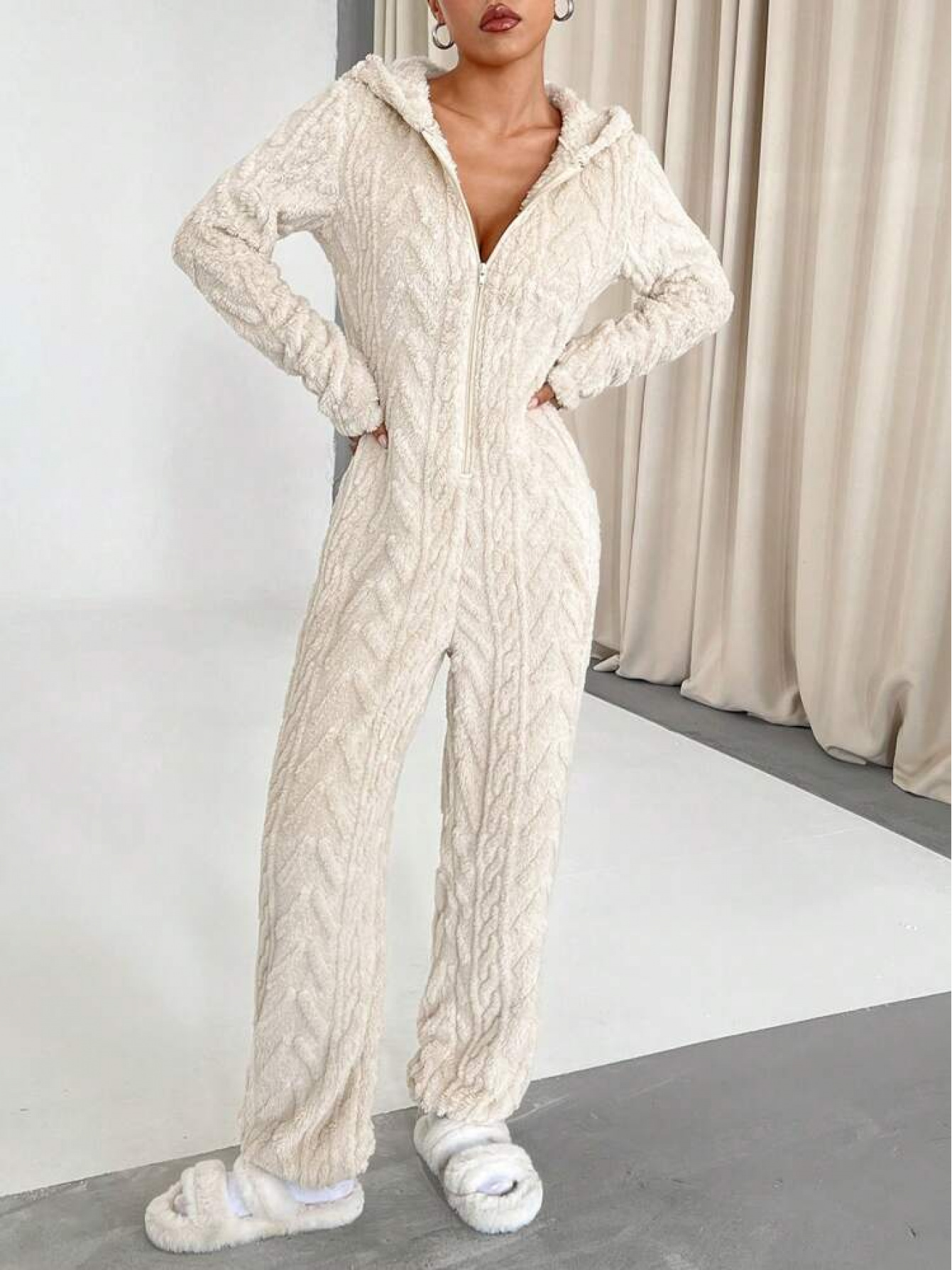 women's plush hooded long sleeve zipper jumpsuit pajamas soft