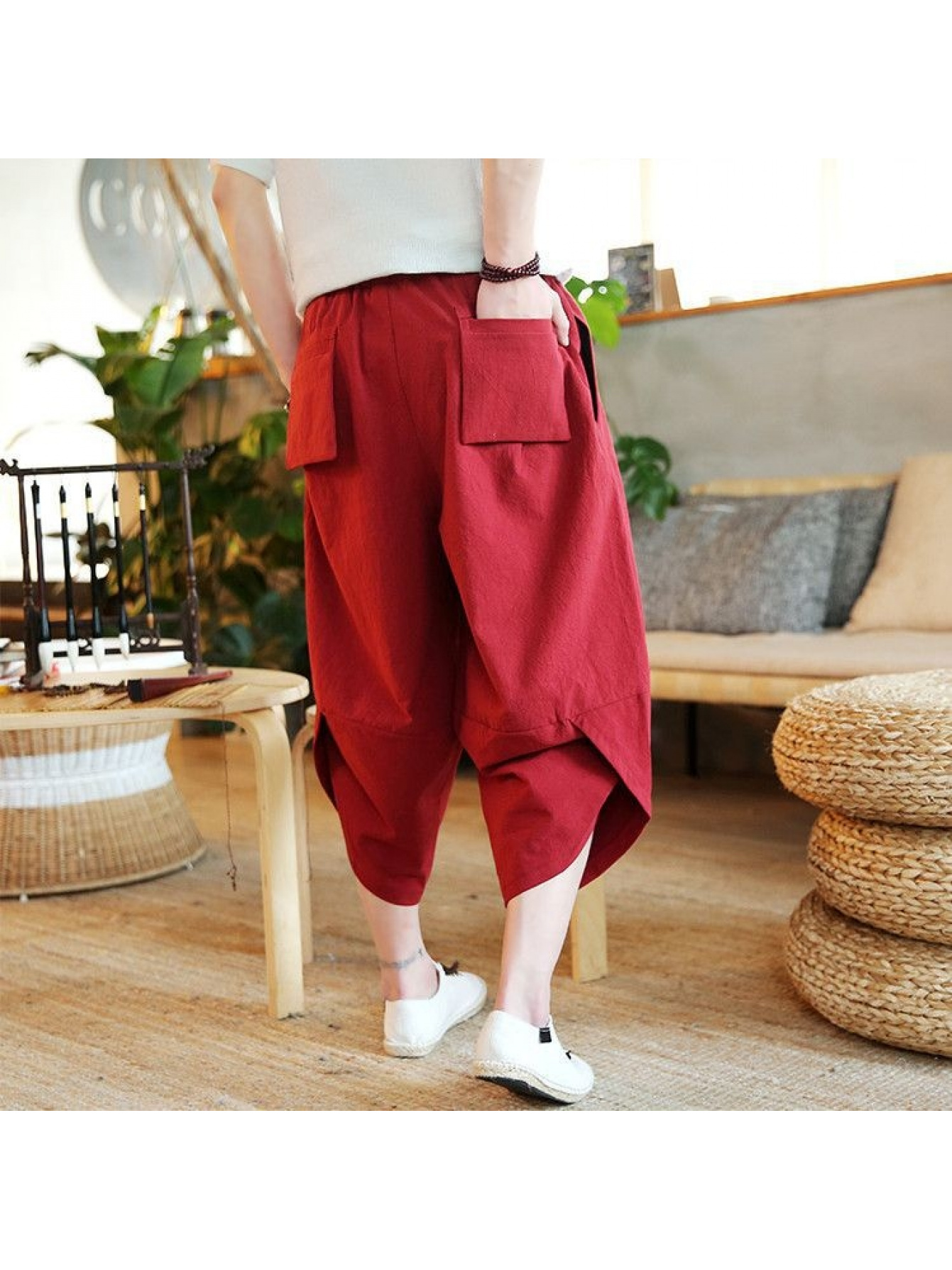 mens loose fitting large size linen beach pants   wide leg cropped trousers casual chinese style linen   harem pants trendy