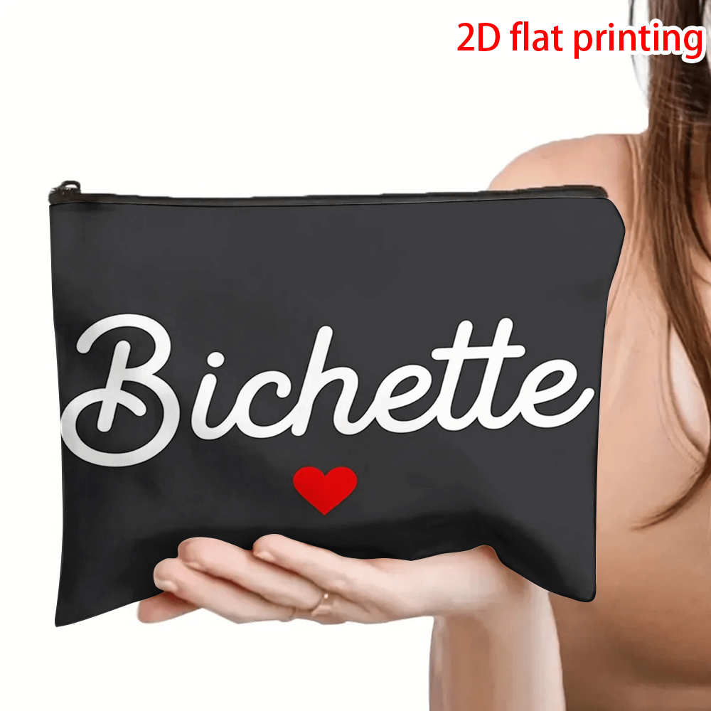 TEMU Trousse de maquillage pour femme à imprimé cœur de , 1 pièce - Pochette noire à fermeture éclair, convient pour , l' et , avec un motif ,