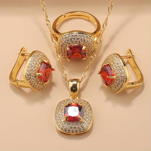 hot selling square mosaic luxurious high quality 18k golden plated jewelry additions colorful zirconia womens necklace earrings set adjustable ring size suitable for occasions
