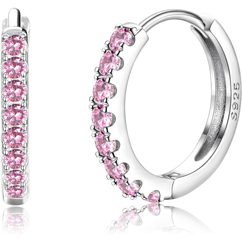 925 Sterling Silvery Hoop Earrings For Women Hypoallergenic Small Huggie Hoops Pink Cubic Zirconia Silvery Earrings For Women Trendy Silvery Jewelry Gifts