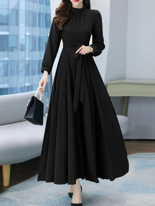 item picture plus size women elegant long dresses with belt stand collar long sleeve solid color lightweight commuter casual a line dress plus size
