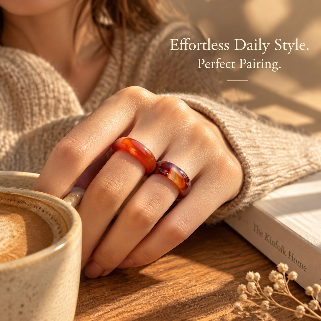 2pc Red Agate Natural Stone Band Ring Set, Stackable Gift
