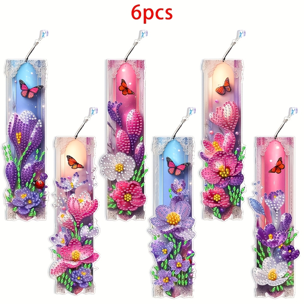 TEMU 6pcs Diamond Painting Bookmark Kit, Diamond Painting Beginner Kit, Beautiful Floral Pattern, Sparkling Gem Effect, Pet Material, Waterproof.