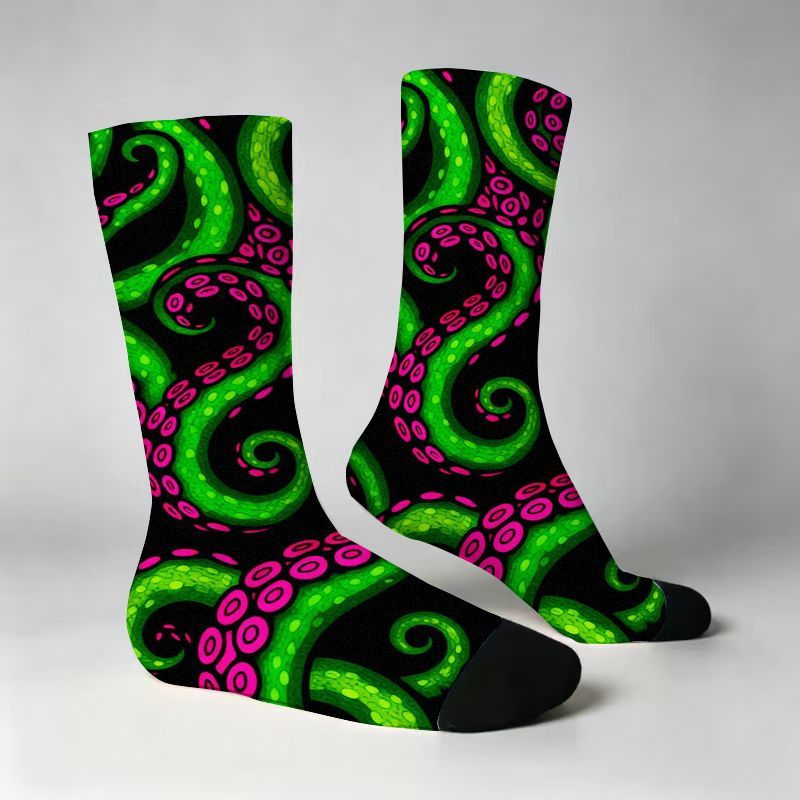 TEMU Black Crew Socks With Octopus Tentacle Print - Lime Green Squid & Magenta-pink Suckers, Full-body Sea Creature Design, Soft Breathable Suitable
