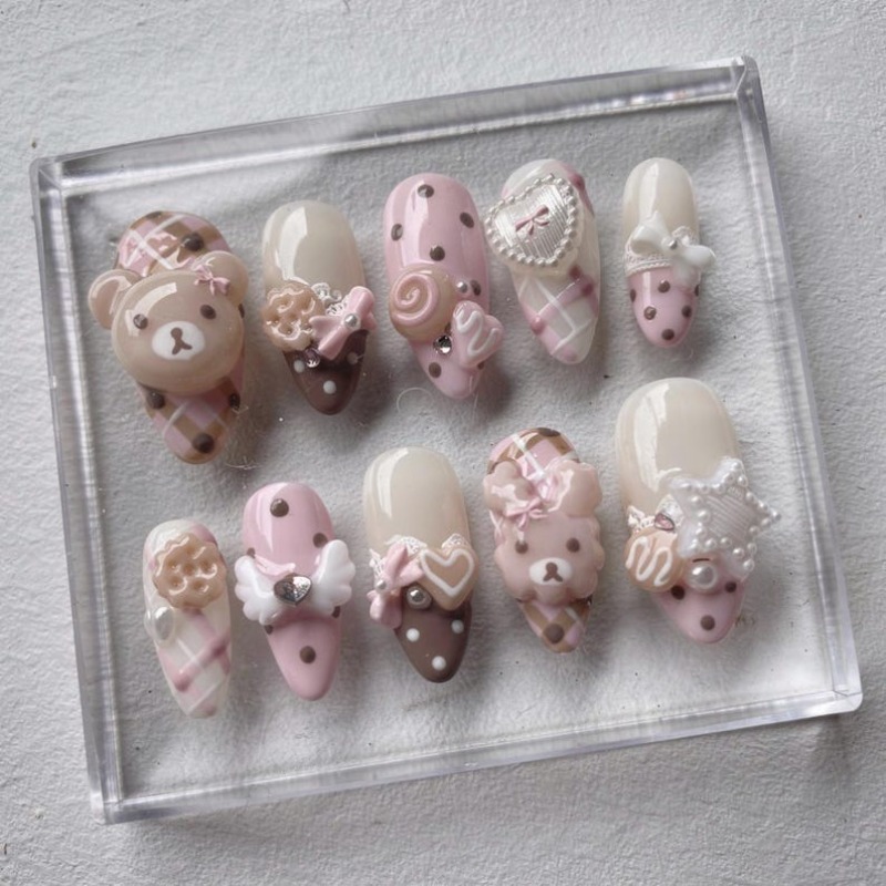 Handmade Kawaii Press On Nails Suitable For - 3d Teddy Bear & Bow Nail Art With Glossy, Pink Suitable , Parties, Weddings, Daily Wear - Coquette Cute Nail Decorations