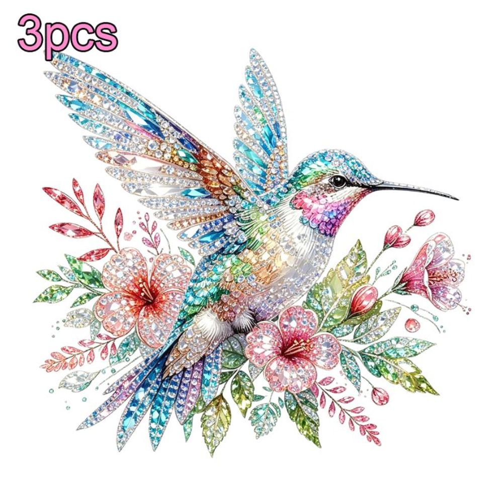 TEMU 3pcs Hummingbird Floral Heat Transfer Stickers Iridescent Gemstone Design For T-shirts Jeans Hoodies Backpacks Washable Durable Fabric Appliques