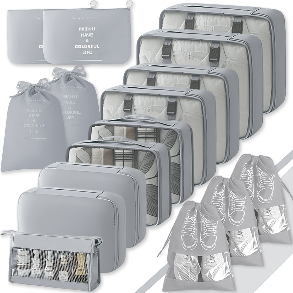 TEMU Set Of 16 Travel Organizing Bags For Packing, Including Cubes, A Washbag, Clothing Bags, An Underwear Bag, A Drawstring Bag, A Toiletry Bag, And