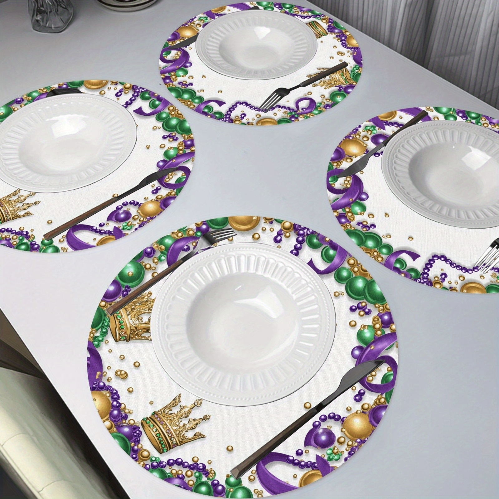 

4-pack Mardi Gras Polyester Round Placemats, Woven, Hand Wash, Non-slip, Heat Resistant, Carnival Crown Wreath Design For Kitchen Banquet Party Dining Decor