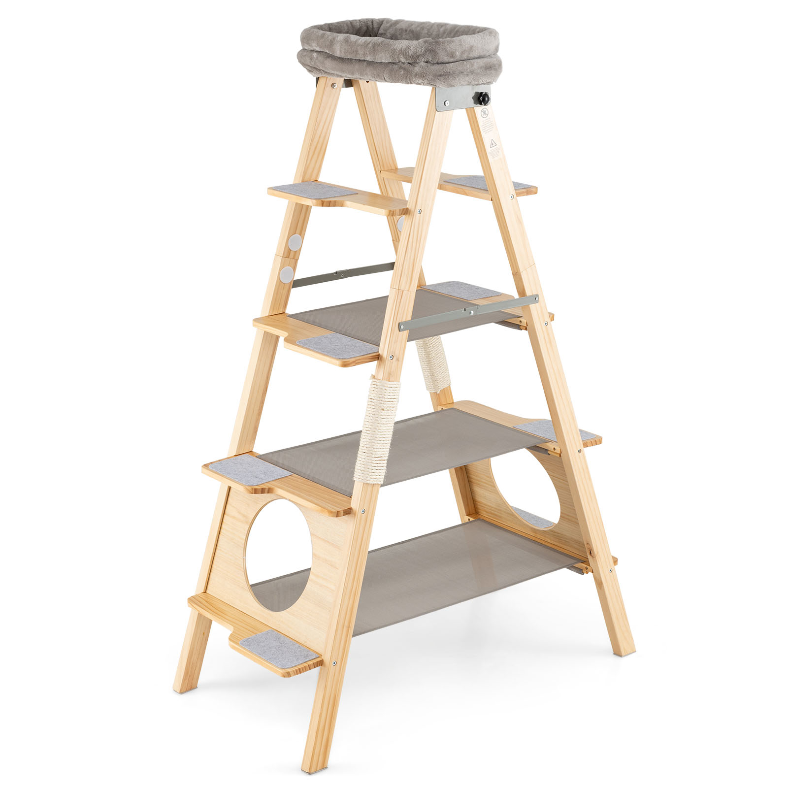 Modern Wooden Cat Tree, Foldable Cat W/ Ladder Design, 5-level Solid Pine Wood Tall Tower W/upholstered Top Perch