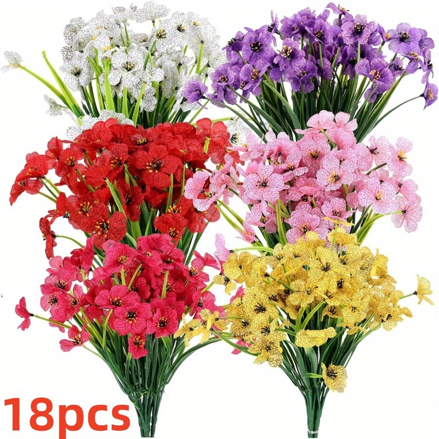 18bundles Spring Artificial Flowers Faux Plants Bulk, Plastic Hanging Flowers For Outdoors, No Fade False Violet Flower For Outdoor Garden Porch Window Decoration(6 Coors)