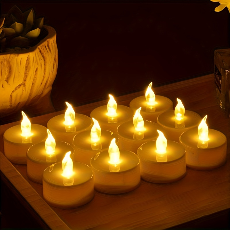 Image of 12-pack Flameless Led Tea Light Candles, Battery-powered Flickering Tealight, Long-lasting Warm Yellow Fake Candle For Halloween Christmas Wedding Table Home Decor