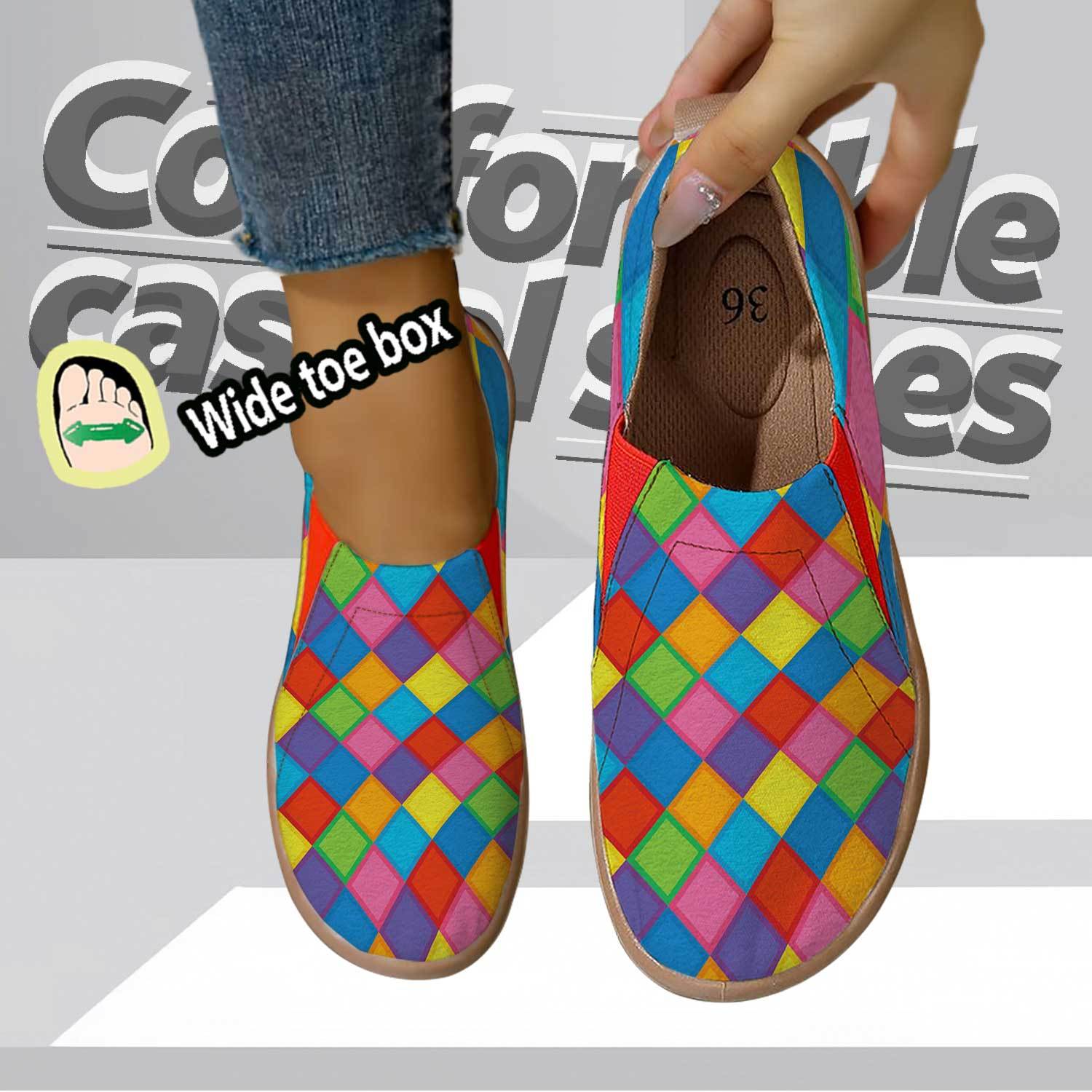 TEMU Women's Wide Toe Comfortable Casual Flat Shoes, Colorful Checkered Pattern Breathable Lazy Slip-on Walking Shoes, Fashionable Versatile Daily