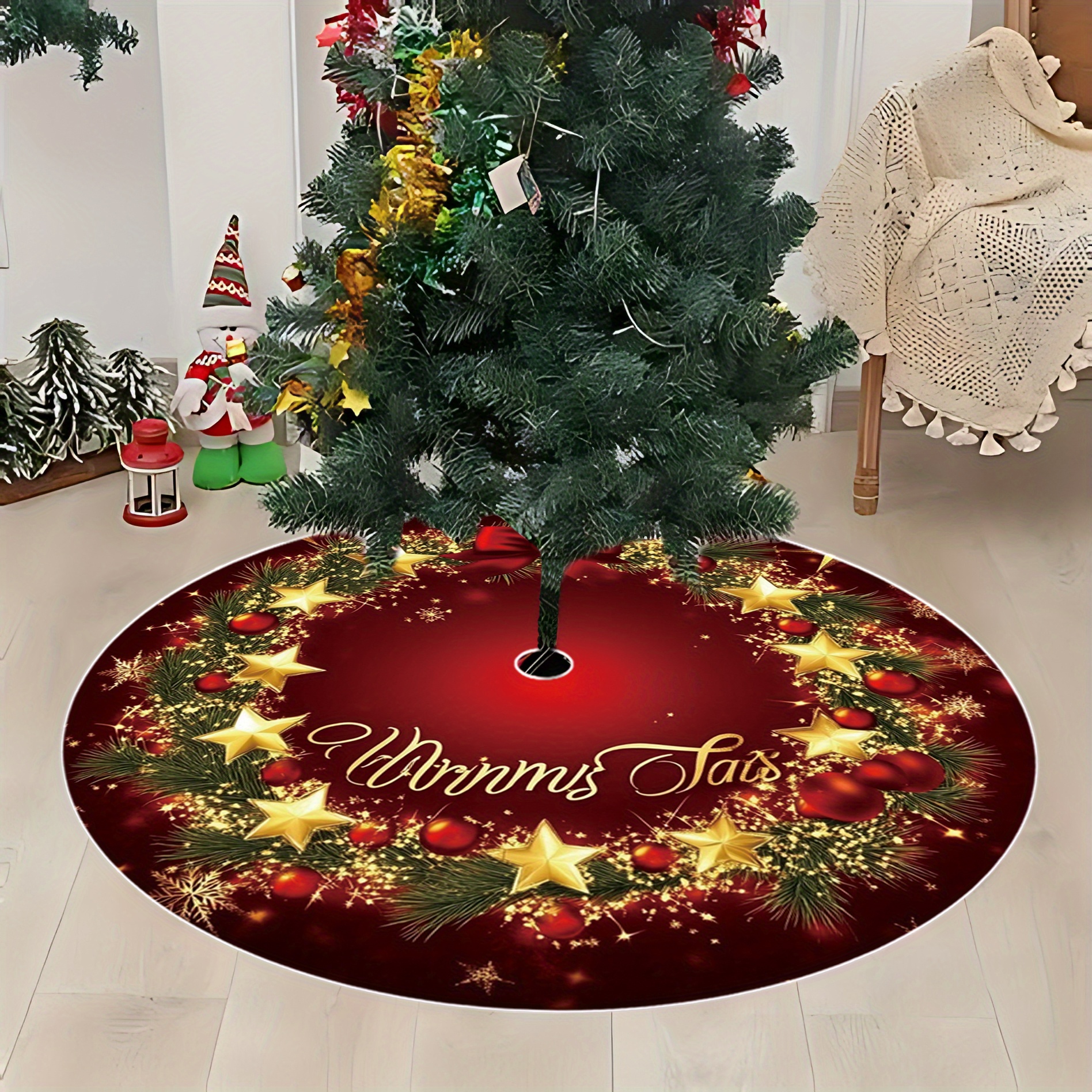 TEMU 1pc Christmas-themed Wreath-shaped Christmas Tree Skirt With Golden Stars And Red Decorative Patterns, For Home Bedroom Decor And Living Room