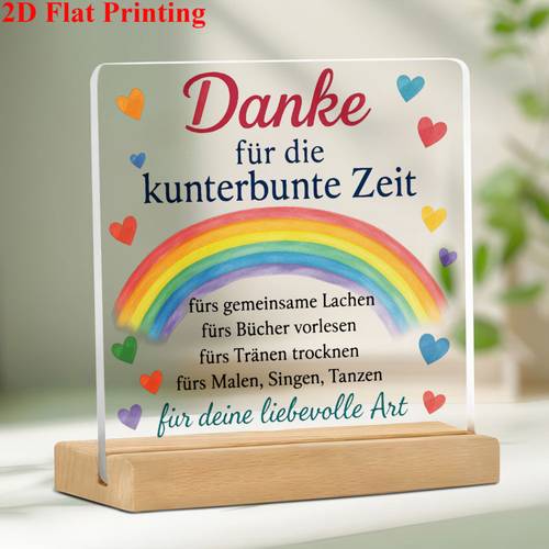 2d-flach, 2d-flacher dekorativer acryl-schmuck, entworfen, um herzliche dankbarkeit auszudrücken, zu bieten. ideal für deutschsprachige frühkindliche erzieher, lehrer, kinderbetreuer empfänger von dankbarkeit. mit dem deutschen spruch „danke für die bunte zeit“ (danke für die